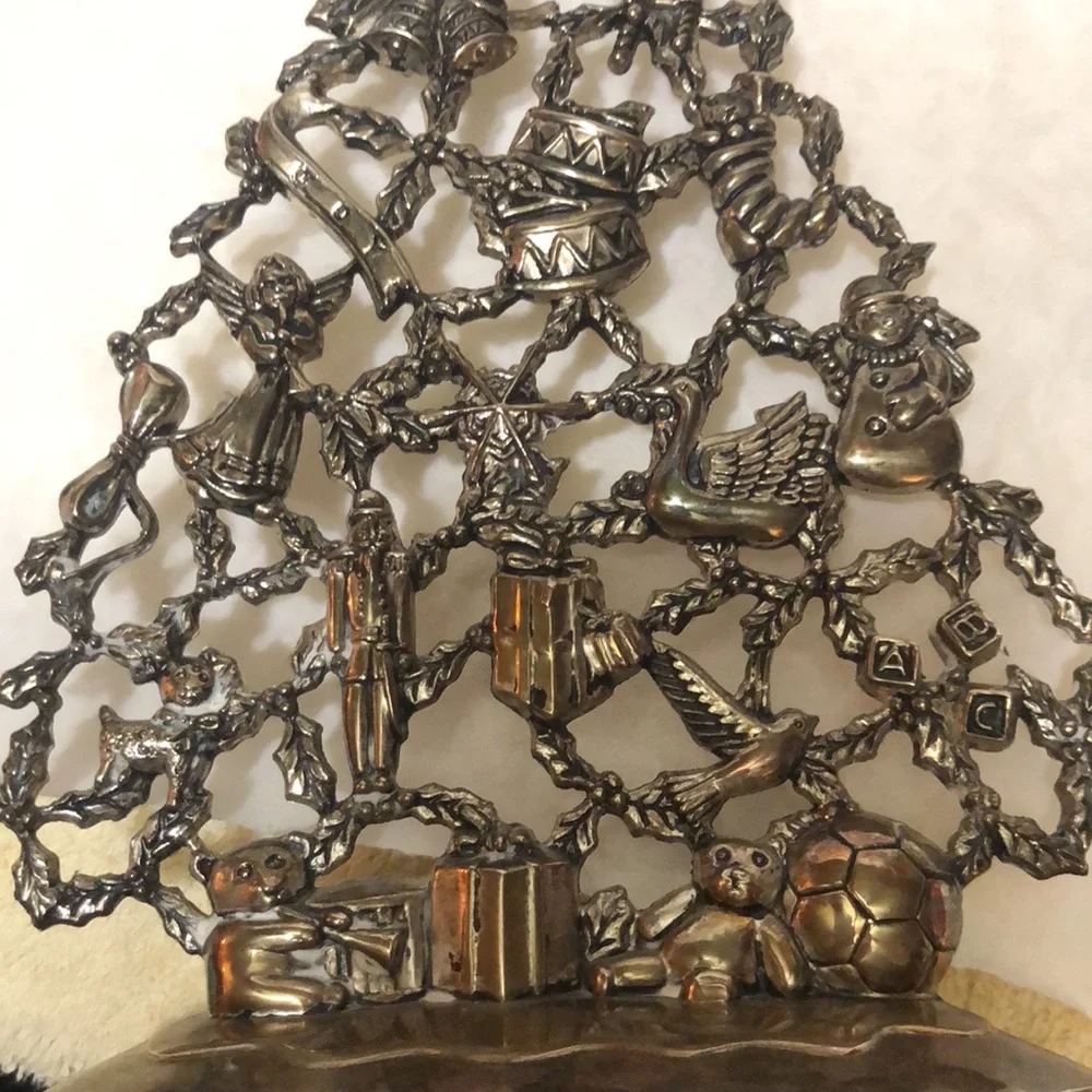 Vintage Silver Plate Christmas Tree Candle Holder Ornaments/Presents 10”x6.5”